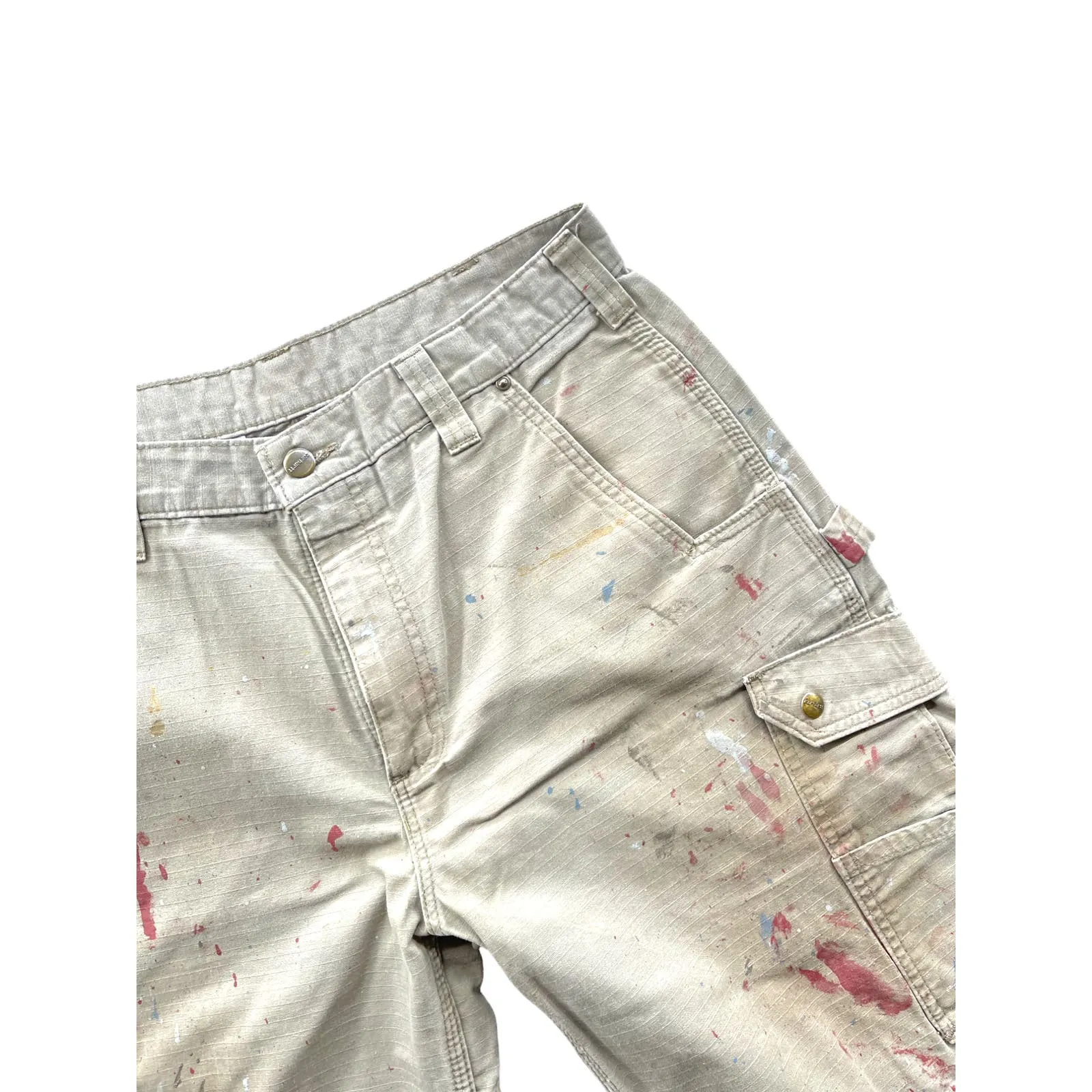 Vintage Carhartt Distressed Tan Paint Splatter Utility Cargo Shorts