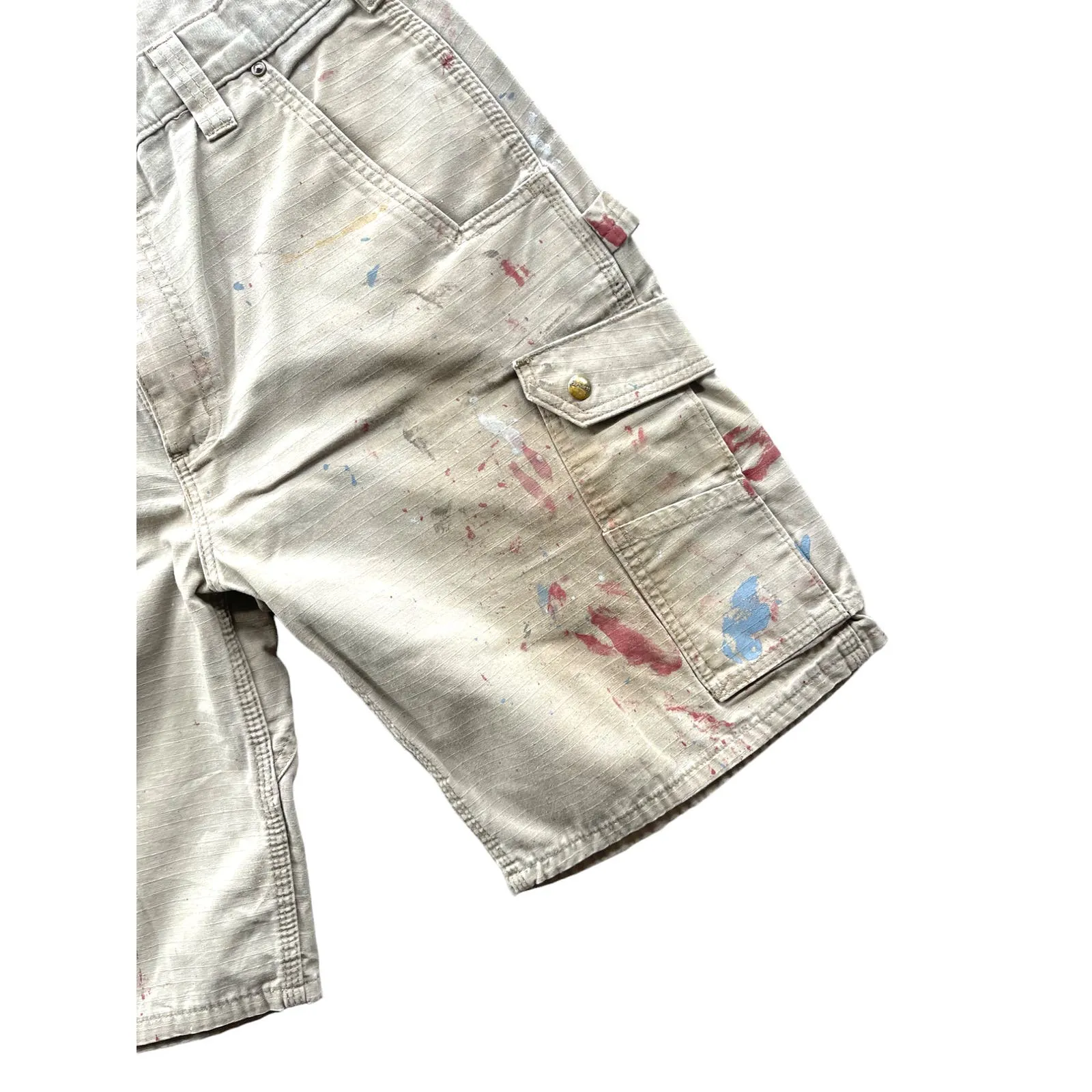 Vintage Carhartt Distressed Tan Paint Splatter Utility Cargo Shorts