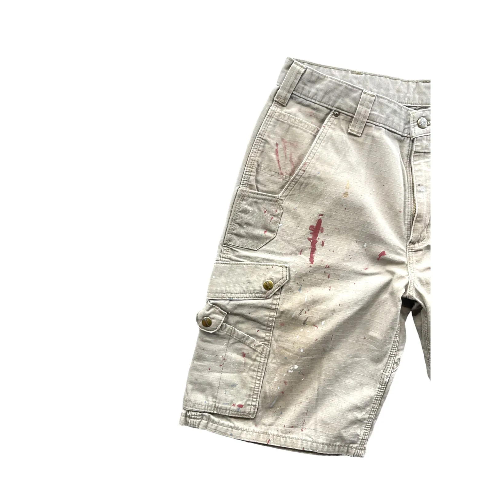 Vintage Carhartt Distressed Tan Paint Splatter Utility Cargo Shorts