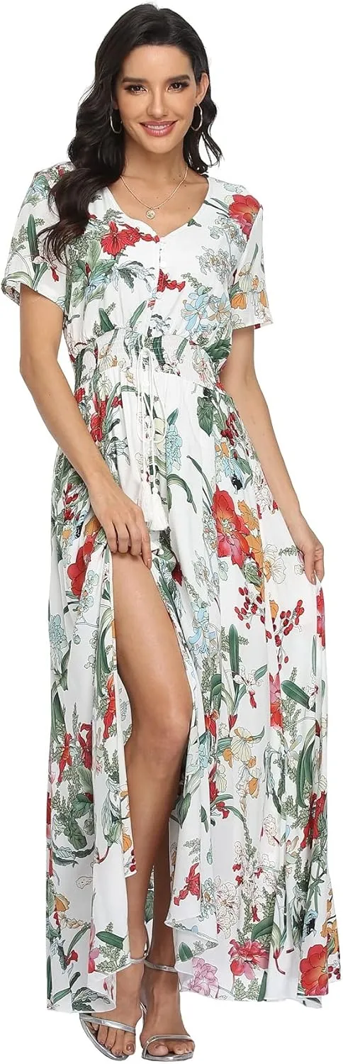 VintageClothing Women's Floral Maxi Dresses Boho Button Up Split Summer Casual Long Dress Beach Party Dress