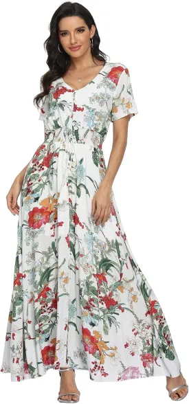 VintageClothing Women's Floral Maxi Dresses Boho Button Up Split Summer Casual Long Dress Beach Party Dress
