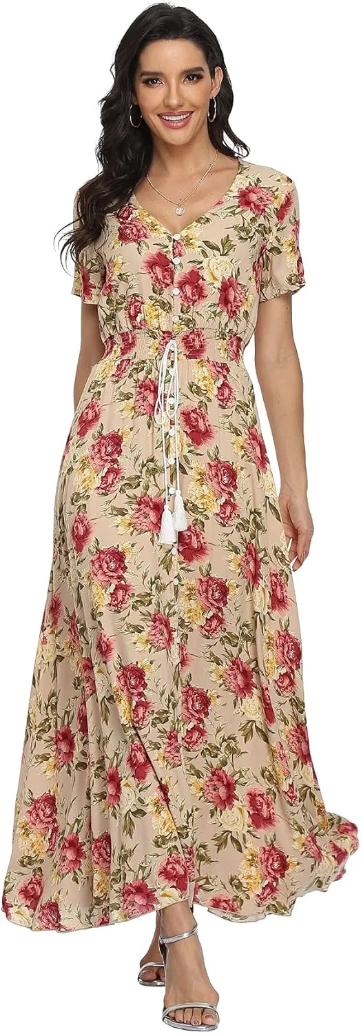 VintageClothing Women's Floral Maxi Dresses Boho Button Up Split Summer Casual Long Dress Beach Party Dress