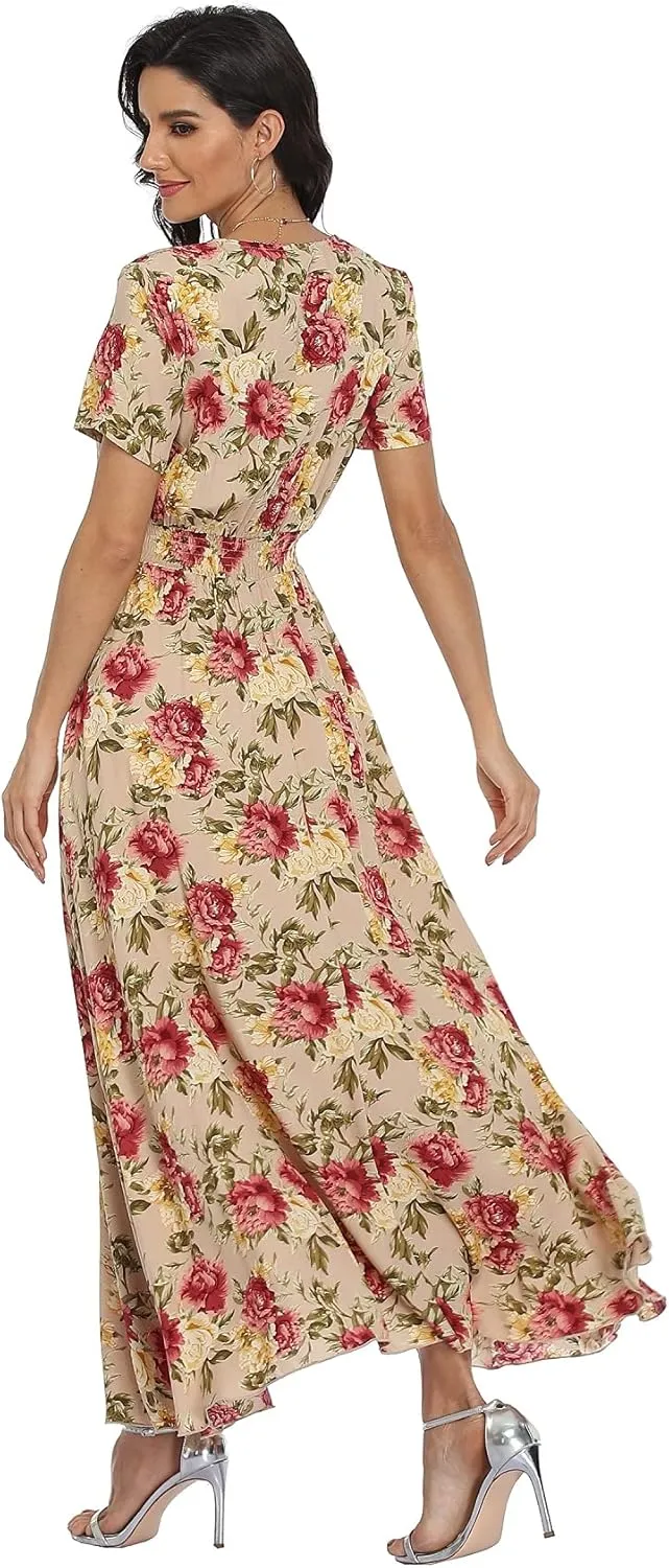 VintageClothing Women's Floral Maxi Dresses Boho Button Up Split Summer Casual Long Dress Beach Party Dress