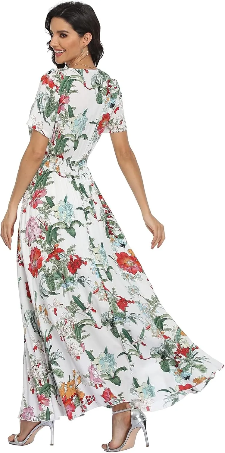 VintageClothing Women's Floral Maxi Dresses Boho Button Up Split Summer Casual Long Dress Beach Party Dress
