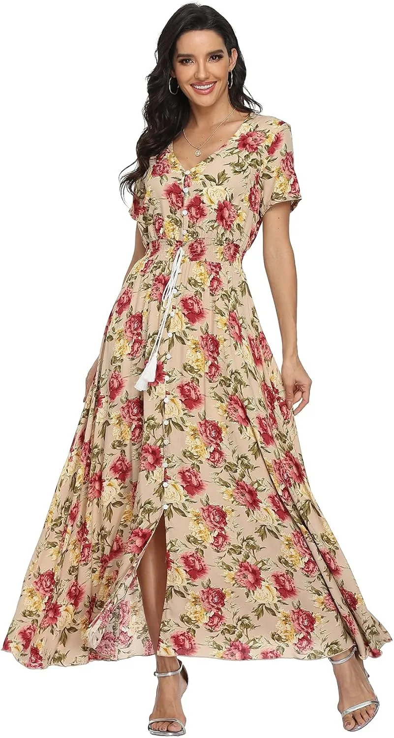 VintageClothing Women's Floral Maxi Dresses Boho Button Up Split Summer Casual Long Dress Beach Party Dress