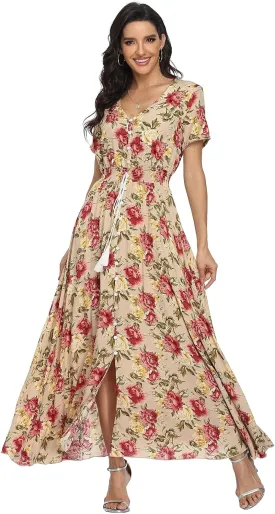 VintageClothing Women's Floral Maxi Dresses Boho Button Up Split Summer Casual Long Dress Beach Party Dress