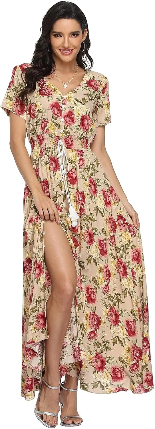 VintageClothing Women's Floral Maxi Dresses Boho Button Up Split Summer Casual Long Dress Beach Party Dress