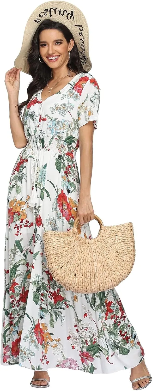 VintageClothing Women's Floral Maxi Dresses Boho Button Up Split Summer Casual Long Dress Beach Party Dress