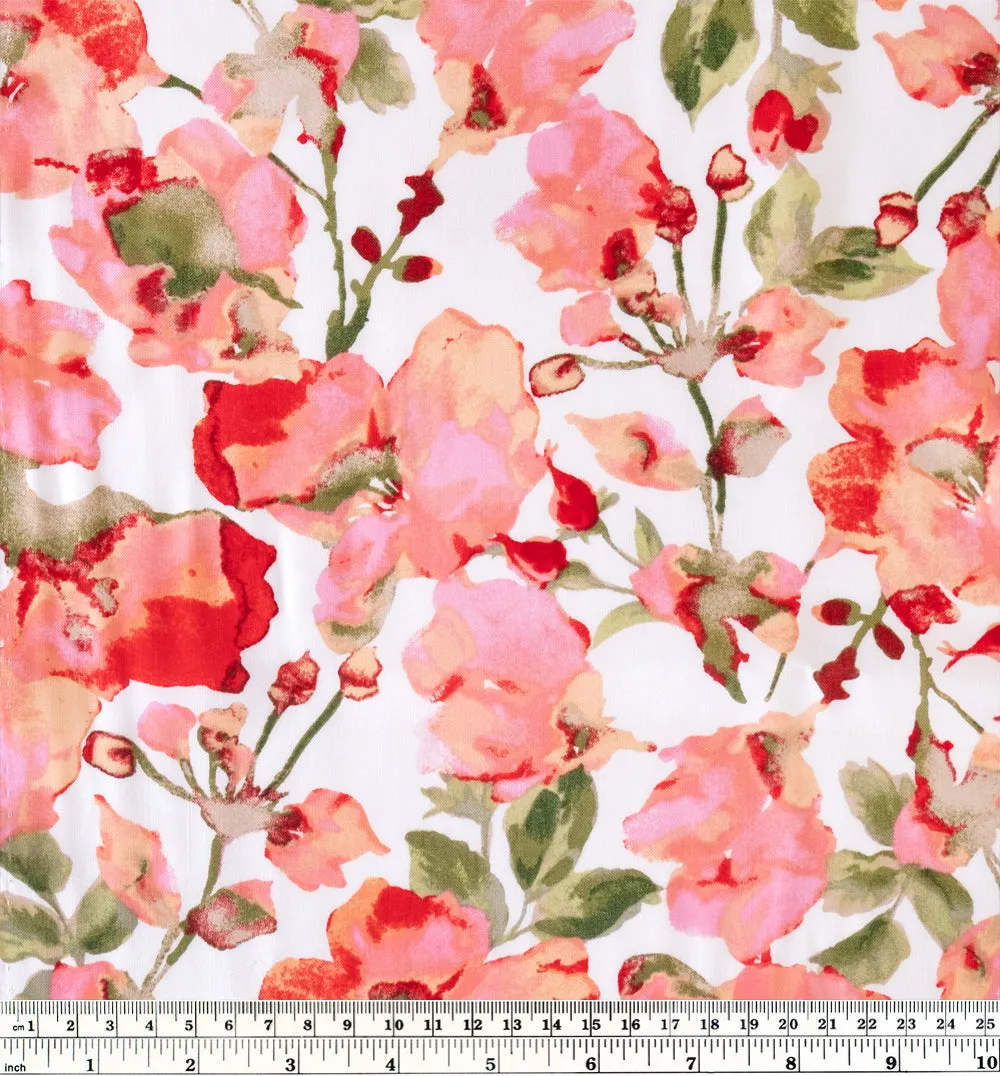 Watercolour Pansies Viscose Poplin - Coral/White