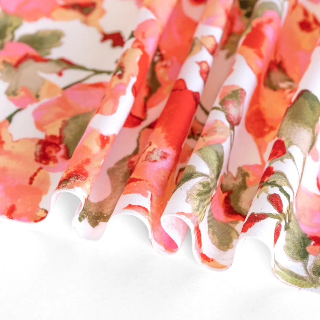 Watercolour Pansies Viscose Poplin - Coral/White