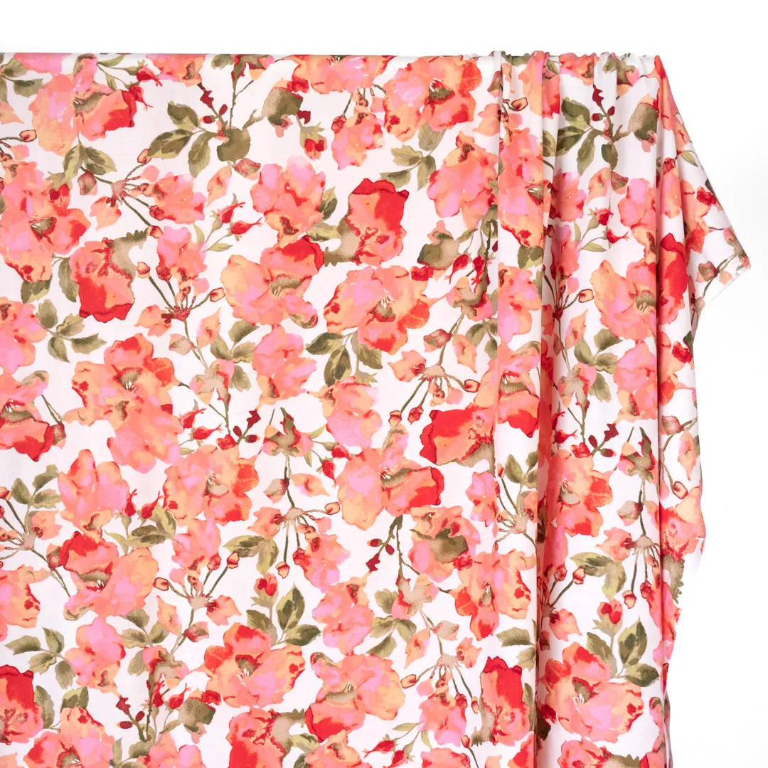 Watercolour Pansies Viscose Poplin - Coral/White