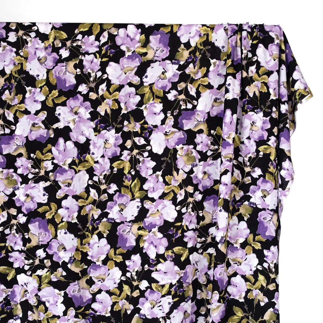 Watercolour Pansies Viscose Poplin - Violet/Black