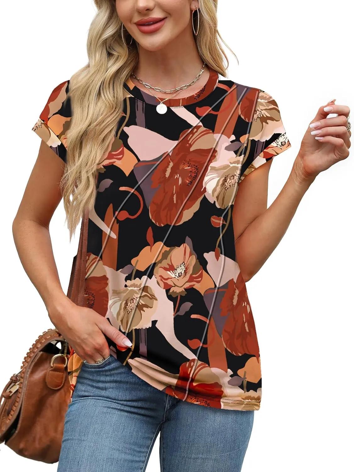 WEESO Womens Tops Summer Cap Sleeve Pleated Crewneck T Shirts Loose Fit Dressy Casual Basic Tees Trendy Outfits