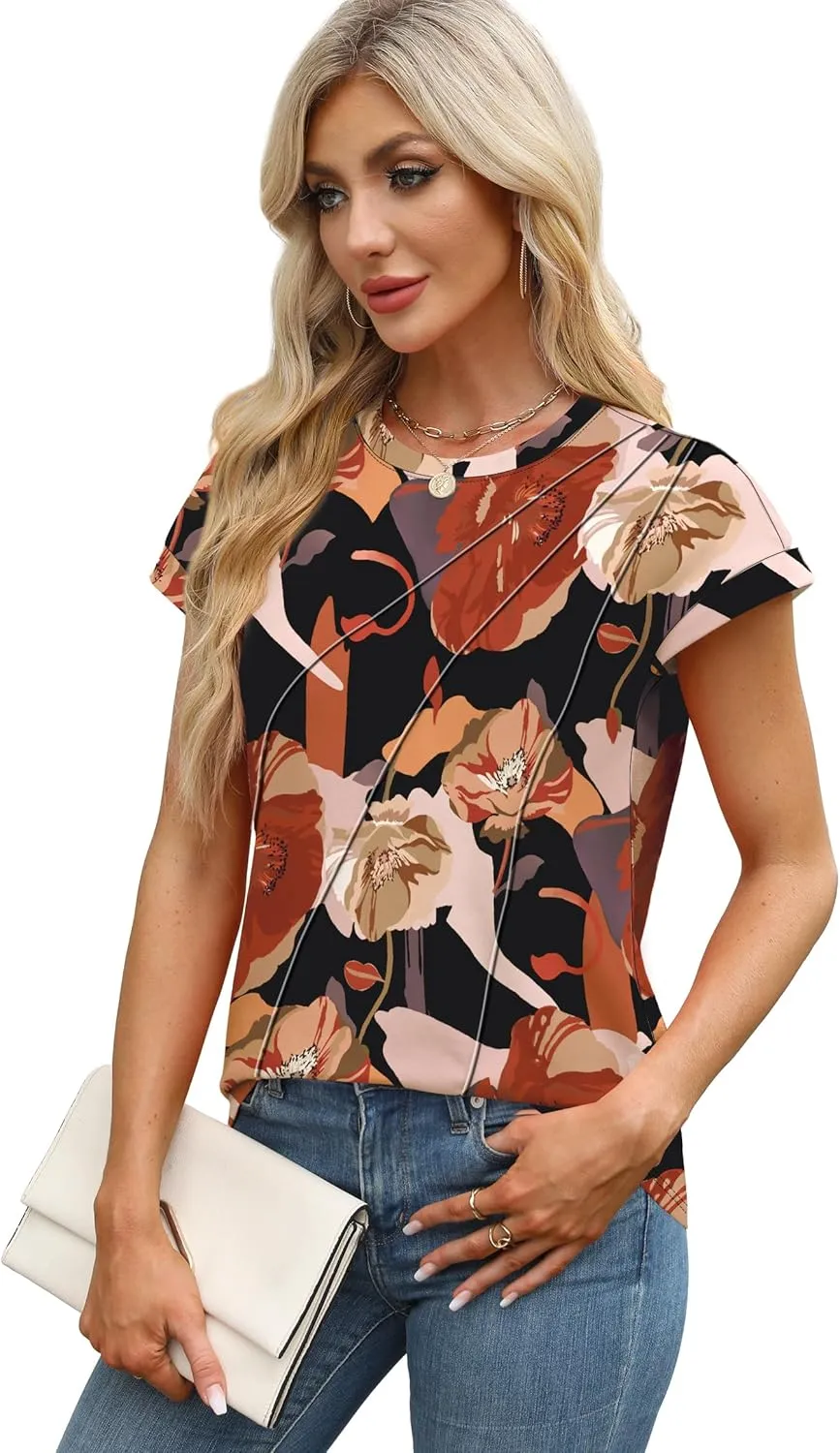 WEESO Womens Tops Summer Cap Sleeve Pleated Crewneck T Shirts Loose Fit Dressy Casual Basic Tees Trendy Outfits