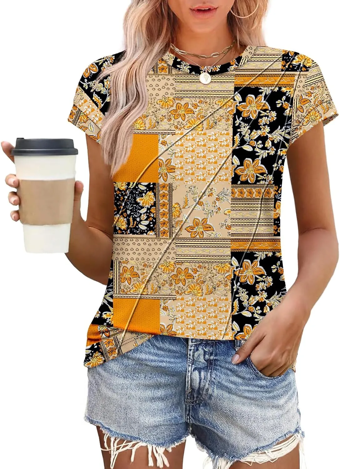 WEESO Womens Tops Summer Cap Sleeve Pleated Crewneck T Shirts Loose Fit Dressy Casual Basic Tees Trendy Outfits