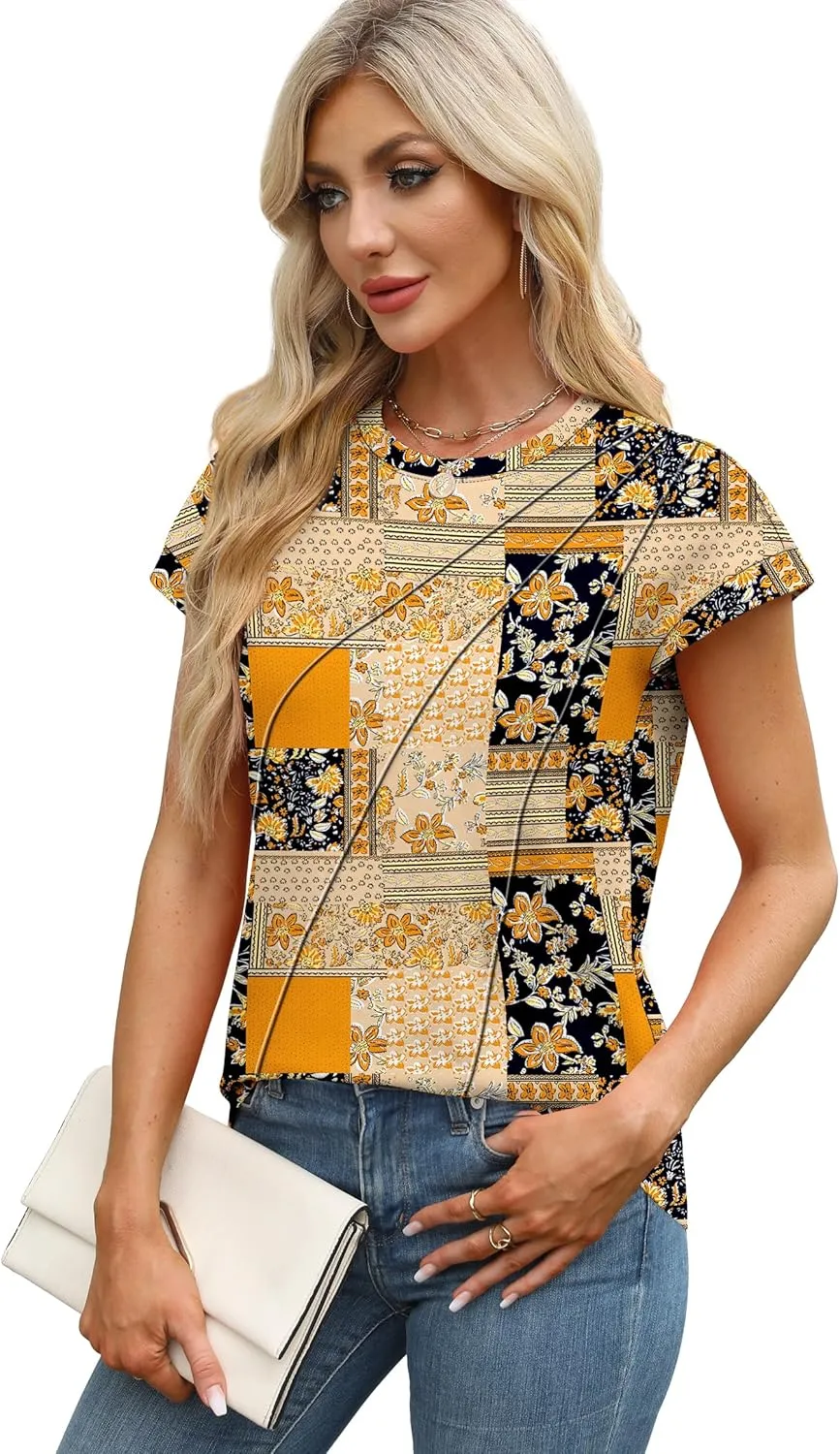 WEESO Womens Tops Summer Cap Sleeve Pleated Crewneck T Shirts Loose Fit Dressy Casual Basic Tees Trendy Outfits