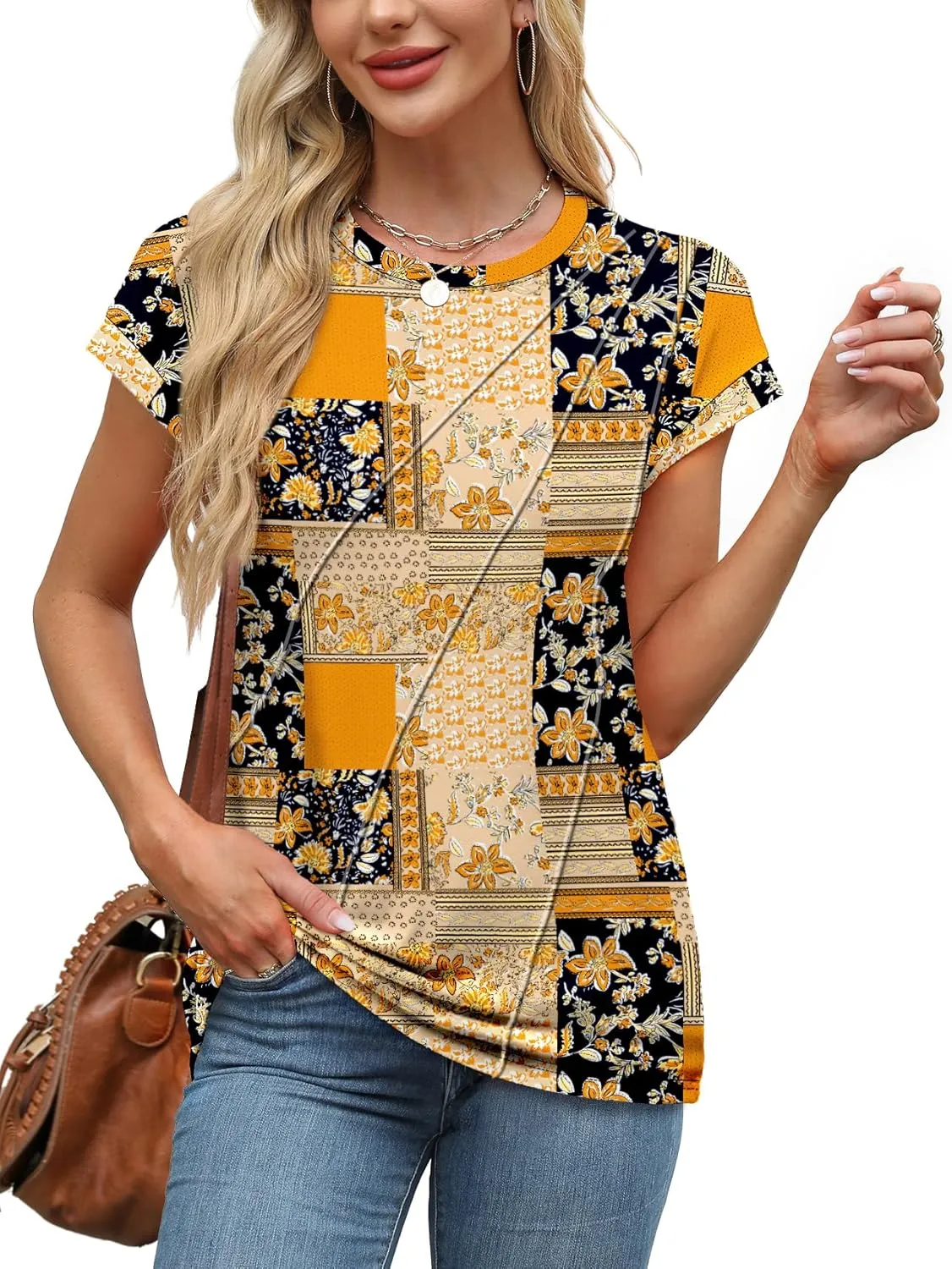 WEESO Womens Tops Summer Cap Sleeve Pleated Crewneck T Shirts Loose Fit Dressy Casual Basic Tees Trendy Outfits