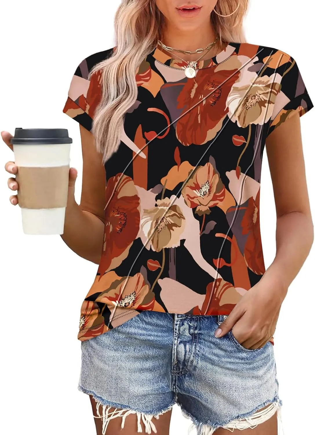 WEESO Womens Tops Summer Cap Sleeve Pleated Crewneck T Shirts Loose Fit Dressy Casual Basic Tees Trendy Outfits