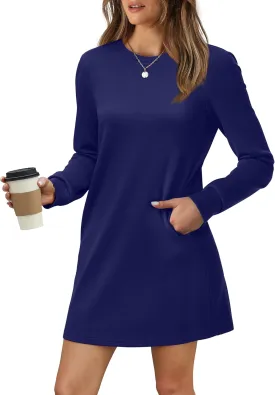 WIHOLL Dresses for Women Long Sleeve Casual Loose Fit Fall Fashion Crewneck Mini Dress with Pockets