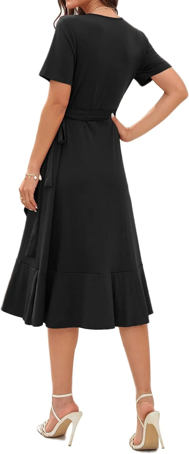 WINDMILL Women V-Neck Wrap Dress Short Sleeve Tie Waist Midi Flowy Beach Summer Dresses