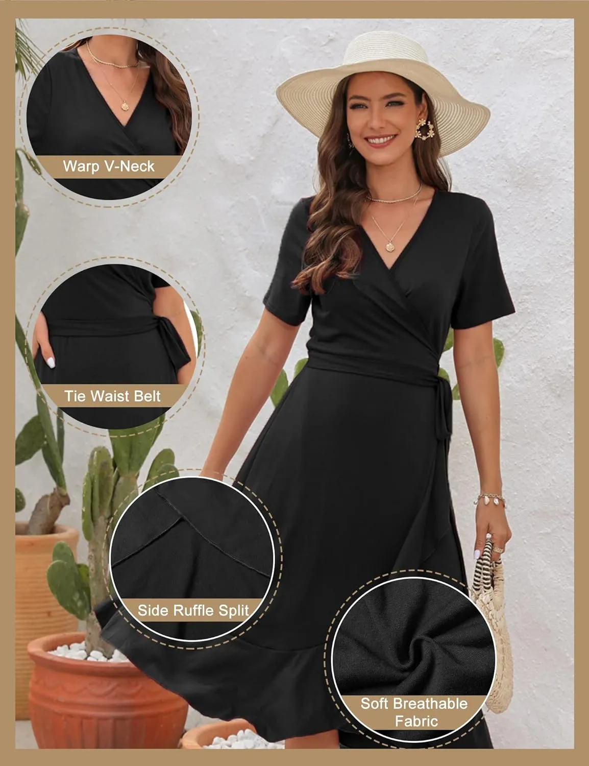 WINDMILL Women V-Neck Wrap Dress Short Sleeve Tie Waist Midi Flowy Beach Summer Dresses