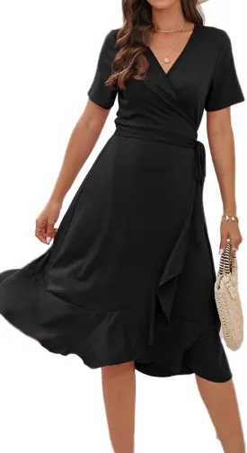 WINDMILL Women V-Neck Wrap Dress Short Sleeve Tie Waist Midi Flowy Beach Summer Dresses
