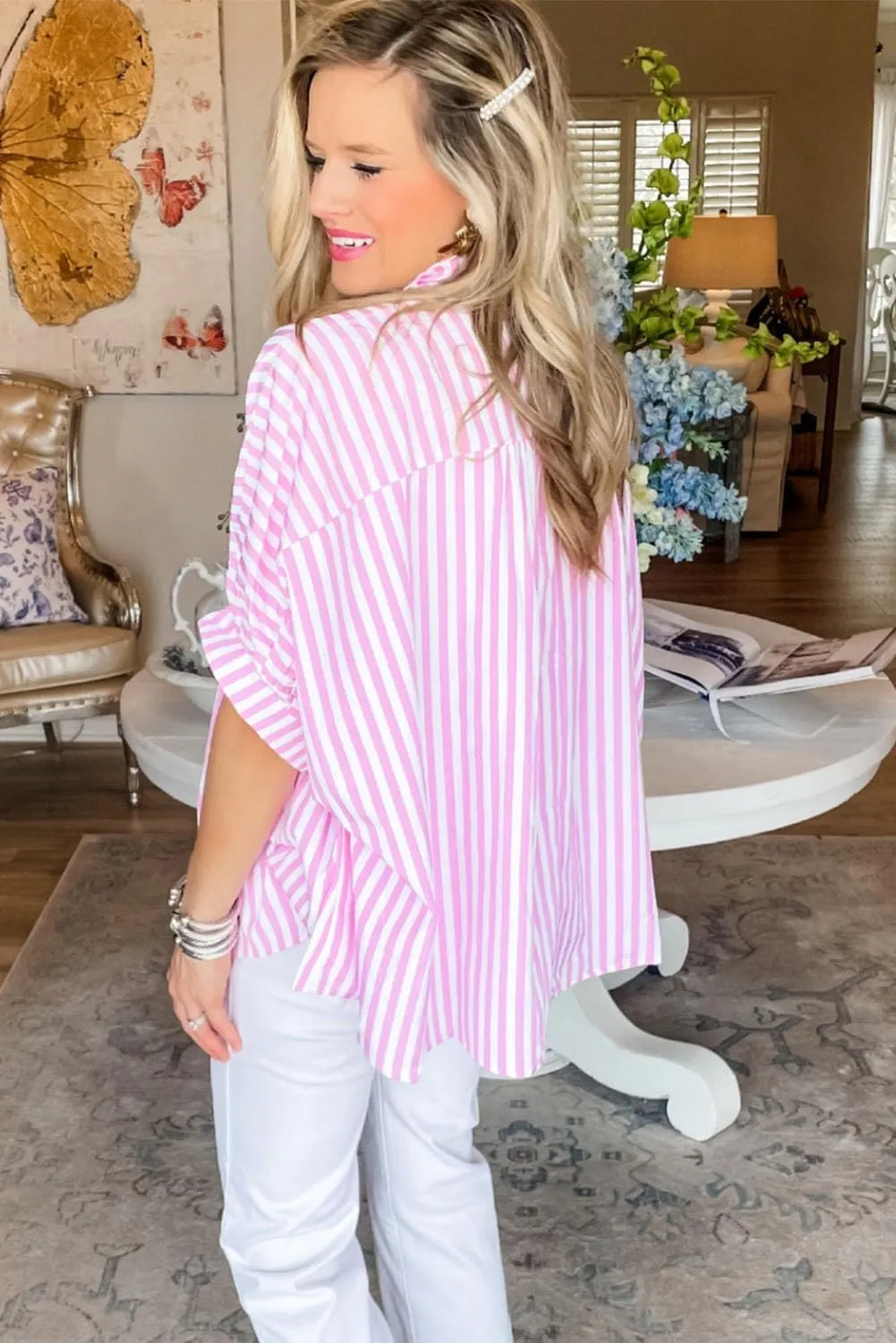 Women 2025 Summer Stripe Dolman Sleeve V Neck Oversize Shirt Tops Casual Button Up Short Sleeve Striped Blouse