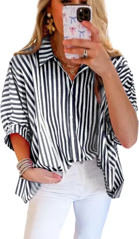 Women 2025 Summer Stripe Dolman Sleeve V Neck Oversize Shirt Tops Casual Button Up Short Sleeve Striped Blouse