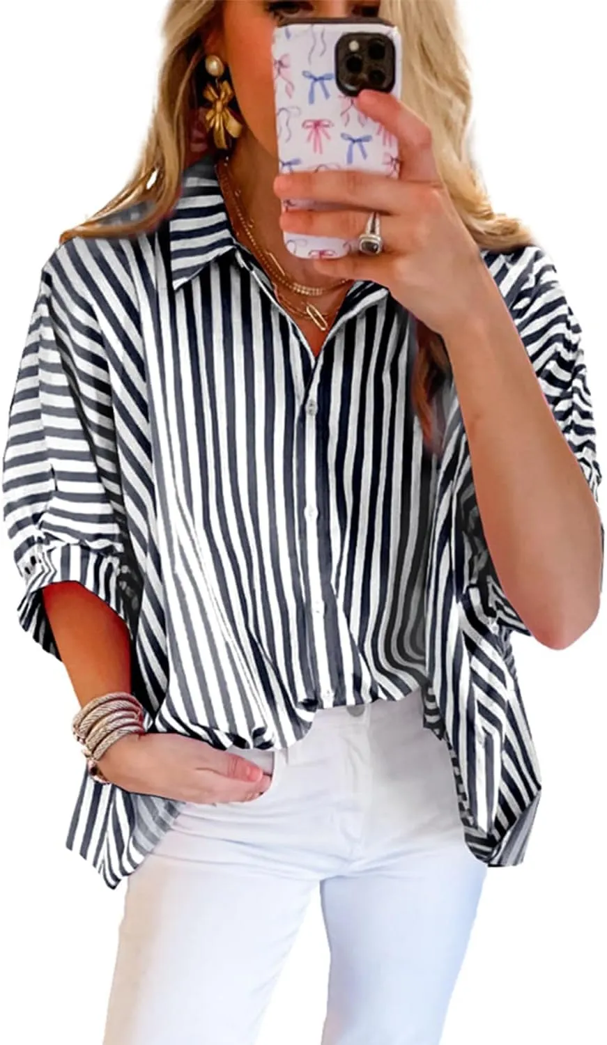 Women 2025 Summer Stripe Dolman Sleeve V Neck Oversize Shirt Tops Casual Button Up Short Sleeve Striped Blouse