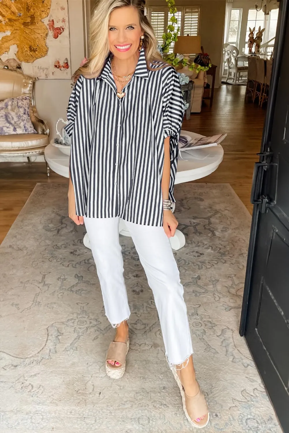 Women 2025 Summer Stripe Dolman Sleeve V Neck Oversize Shirt Tops Casual Button Up Short Sleeve Striped Blouse