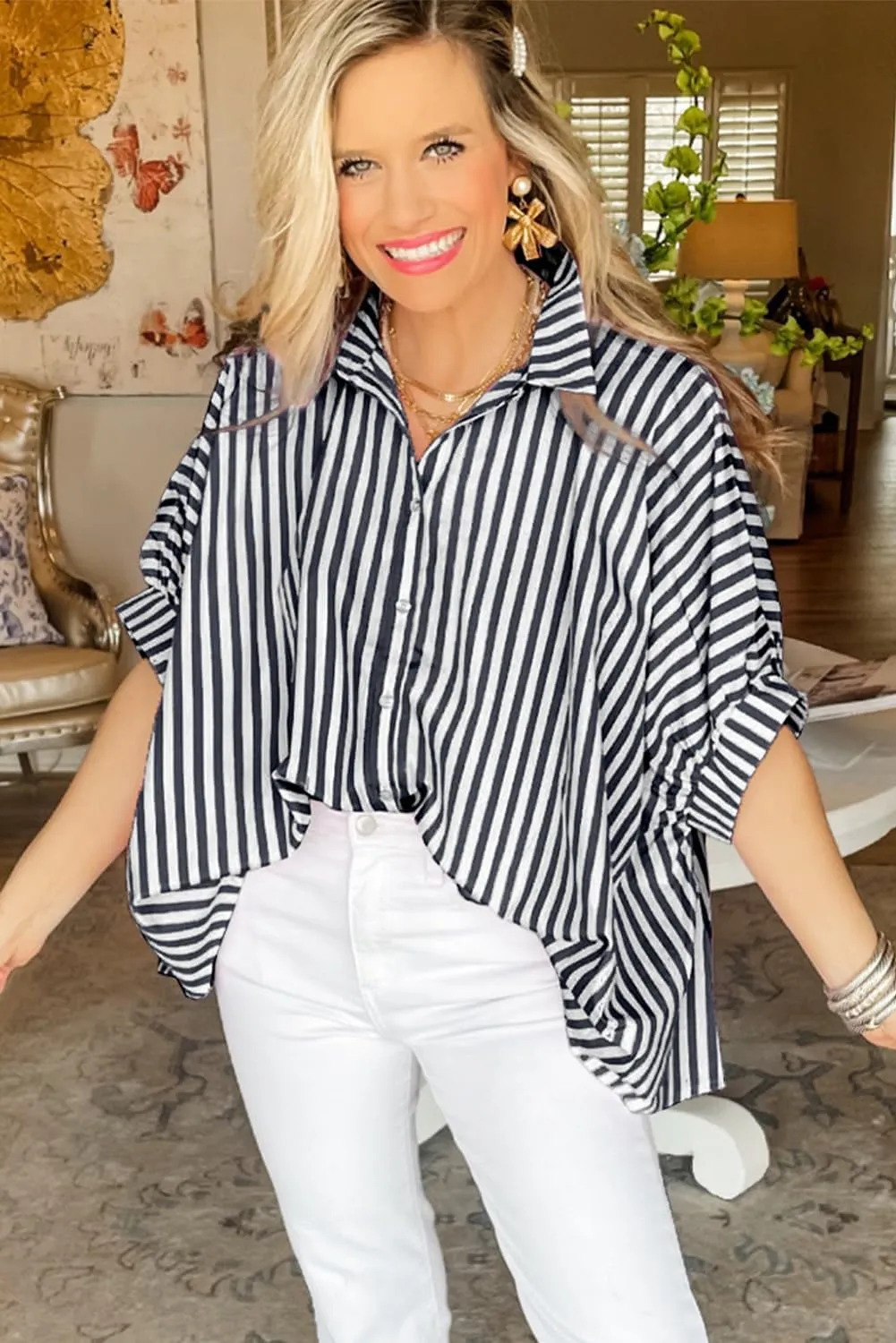 Women 2025 Summer Stripe Dolman Sleeve V Neck Oversize Shirt Tops Casual Button Up Short Sleeve Striped Blouse