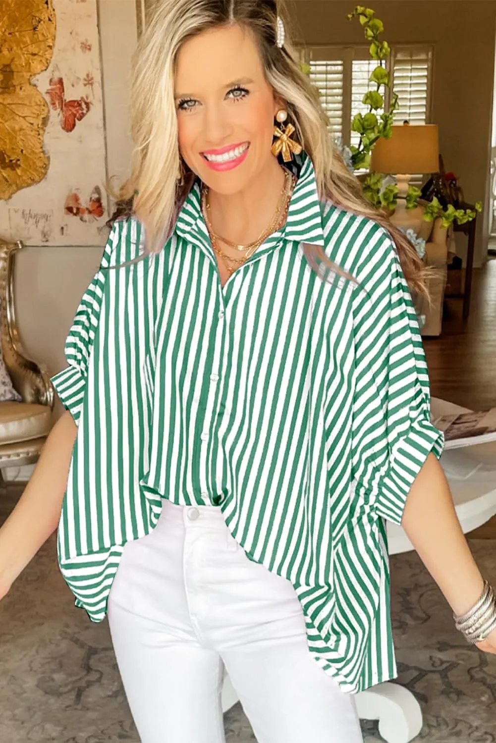 Women 2025 Summer Stripe Dolman Sleeve V Neck Oversize Shirt Tops Casual Button Up Short Sleeve Striped Blouse