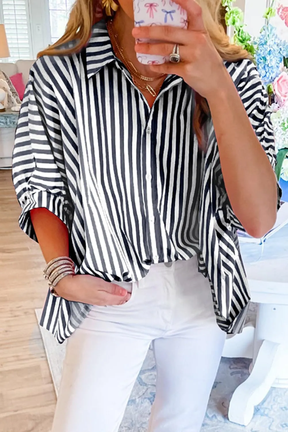 Women 2025 Summer Stripe Dolman Sleeve V Neck Oversize Shirt Tops Casual Button Up Short Sleeve Striped Blouse