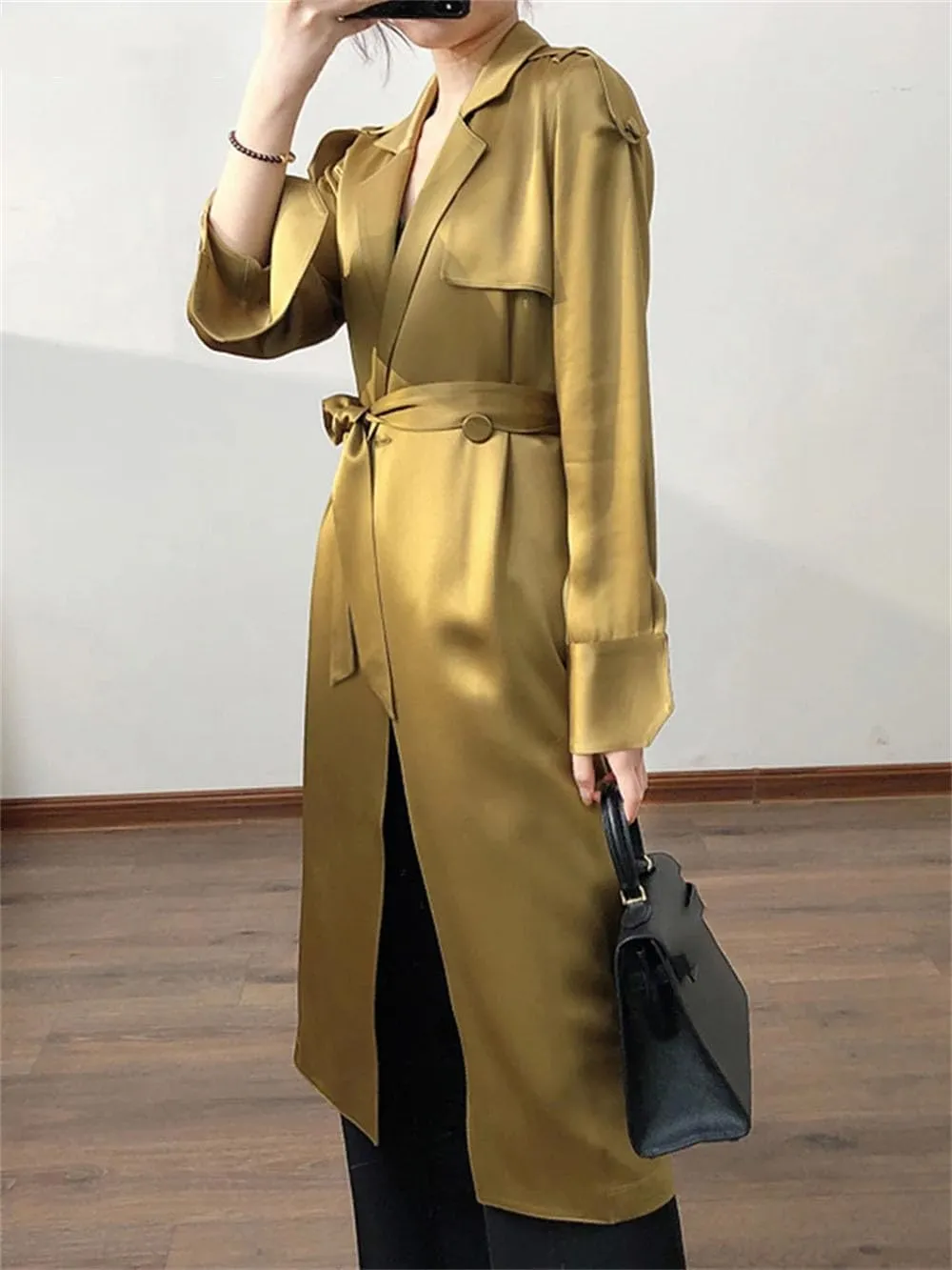 Women Lapel Long Soft Flowy Satin Trench Coat Solid Double Breasted Pockets Trenchcoats