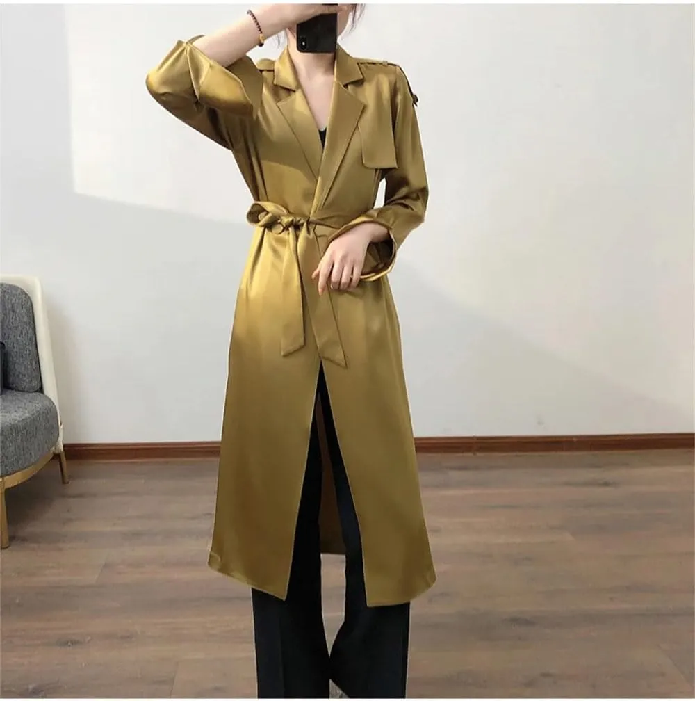 Women Lapel Long Soft Flowy Satin Trench Coat Solid Double Breasted Pockets Trenchcoats