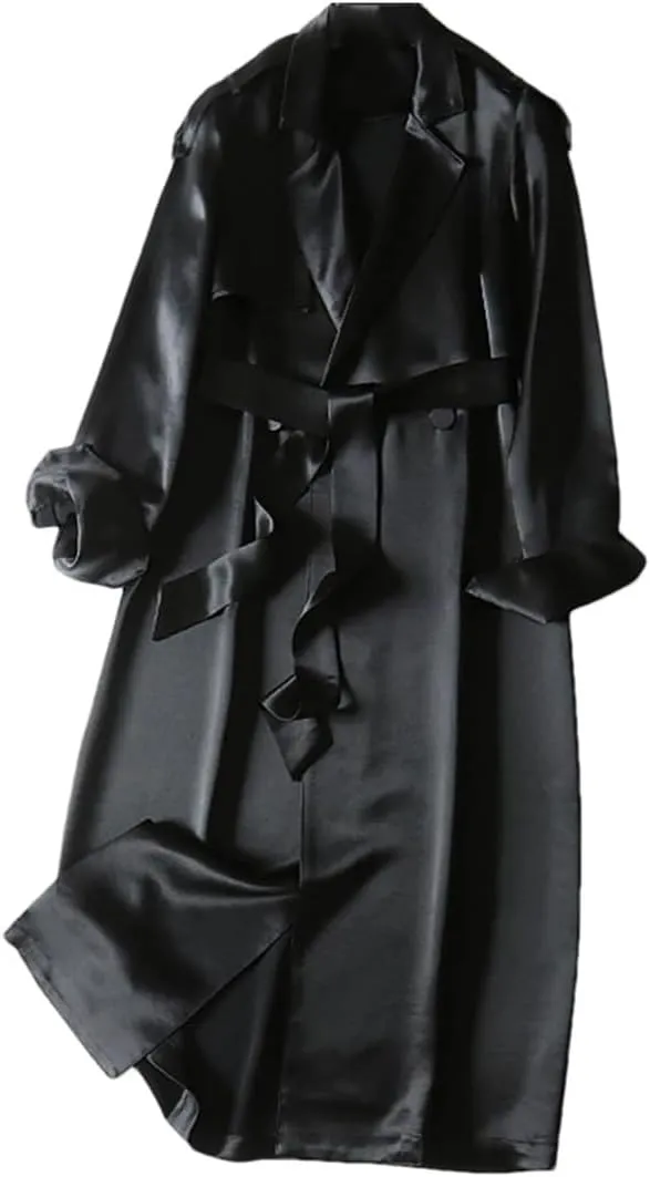 Women Lapel Long Soft Flowy Satin Trench Coat Solid Double Breasted Pockets Trenchcoats
