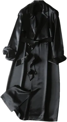 Women Lapel Long Soft Flowy Satin Trench Coat Solid Double Breasted Pockets Trenchcoats