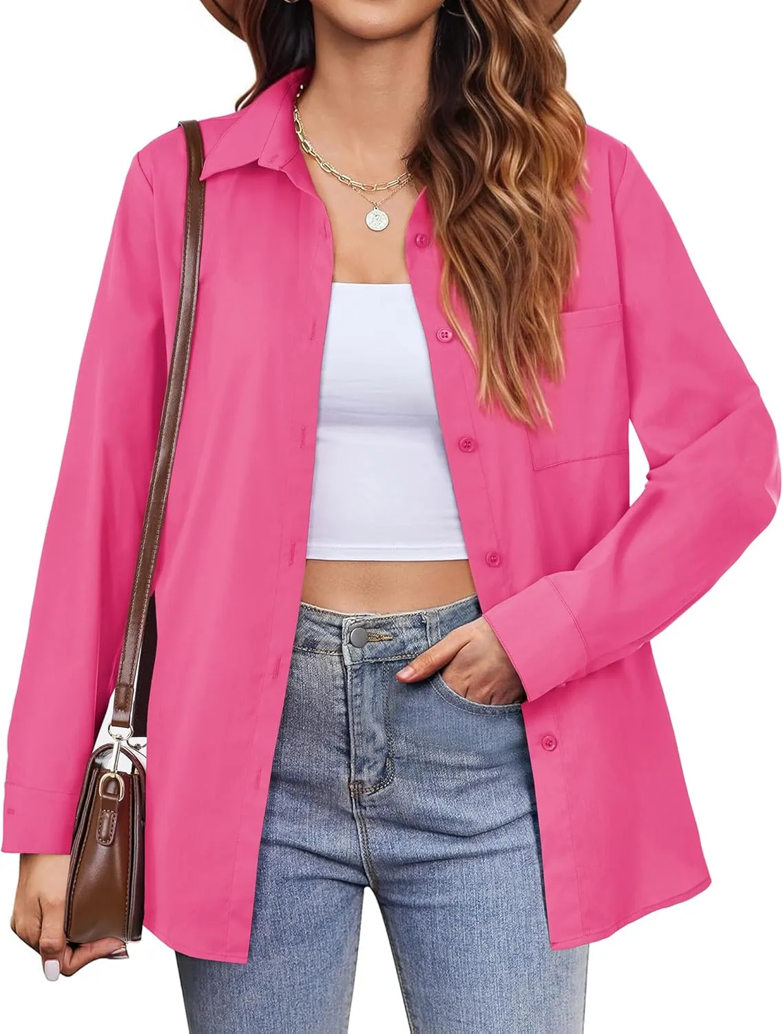 Womens Button Down Shirts Oversized Long Sleeve Shirt Loose Fit Casual Blouse Work Office Top with Pockets