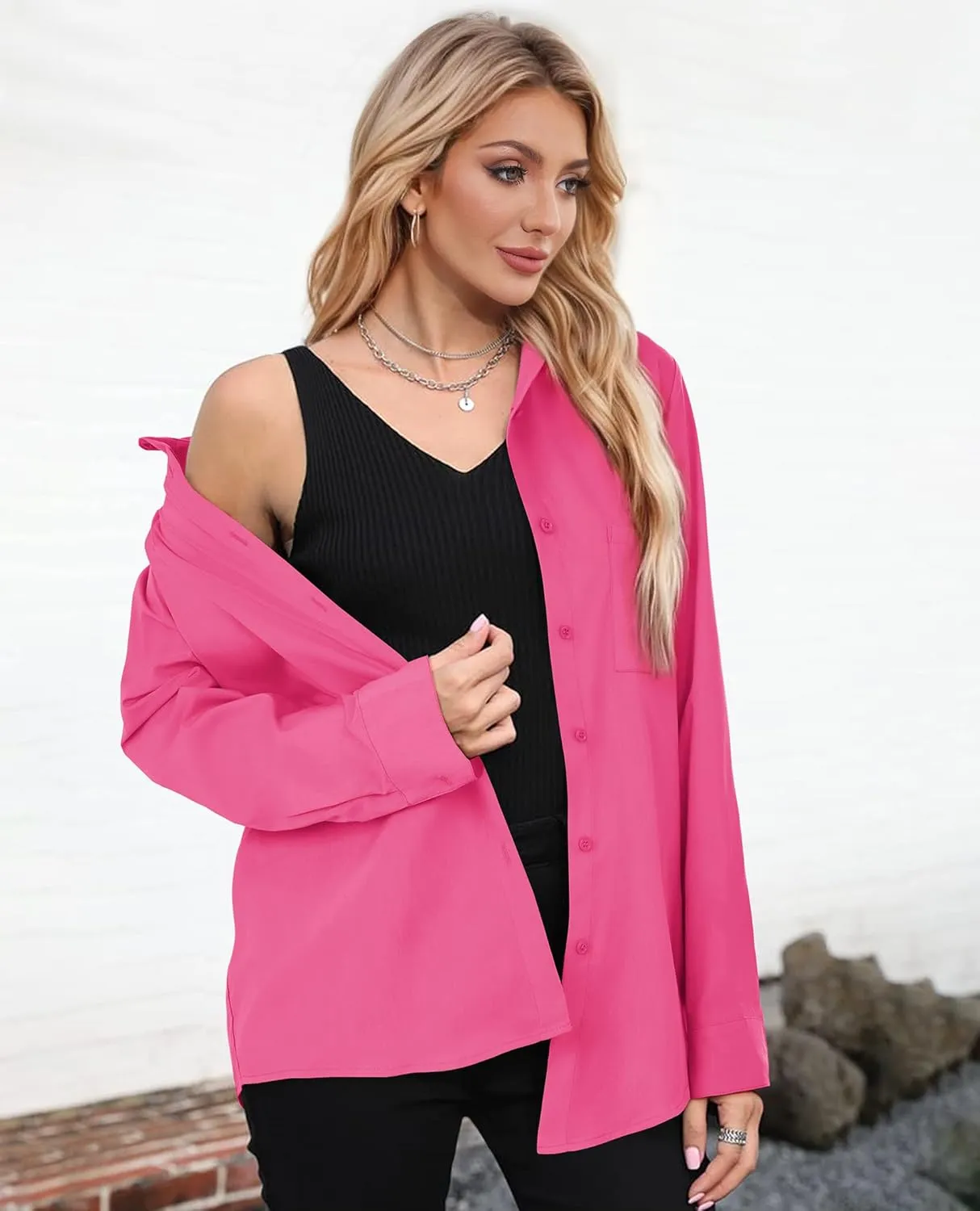Womens Button Down Shirts Oversized Long Sleeve Shirt Loose Fit Casual Blouse Work Office Top with Pockets
