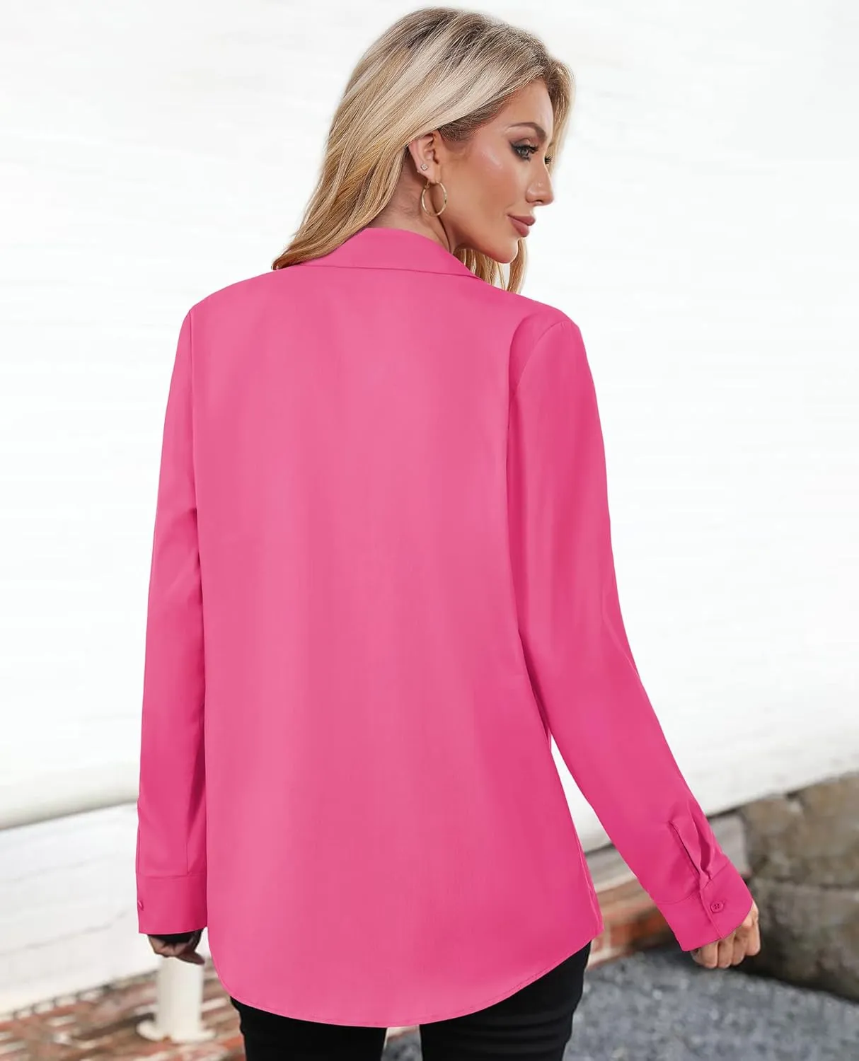 Womens Button Down Shirts Oversized Long Sleeve Shirt Loose Fit Casual Blouse Work Office Top with Pockets