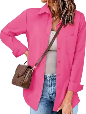 Womens Button Down Shirts Oversized Long Sleeve Shirt Loose Fit Casual Blouse Work Office Top with Pockets