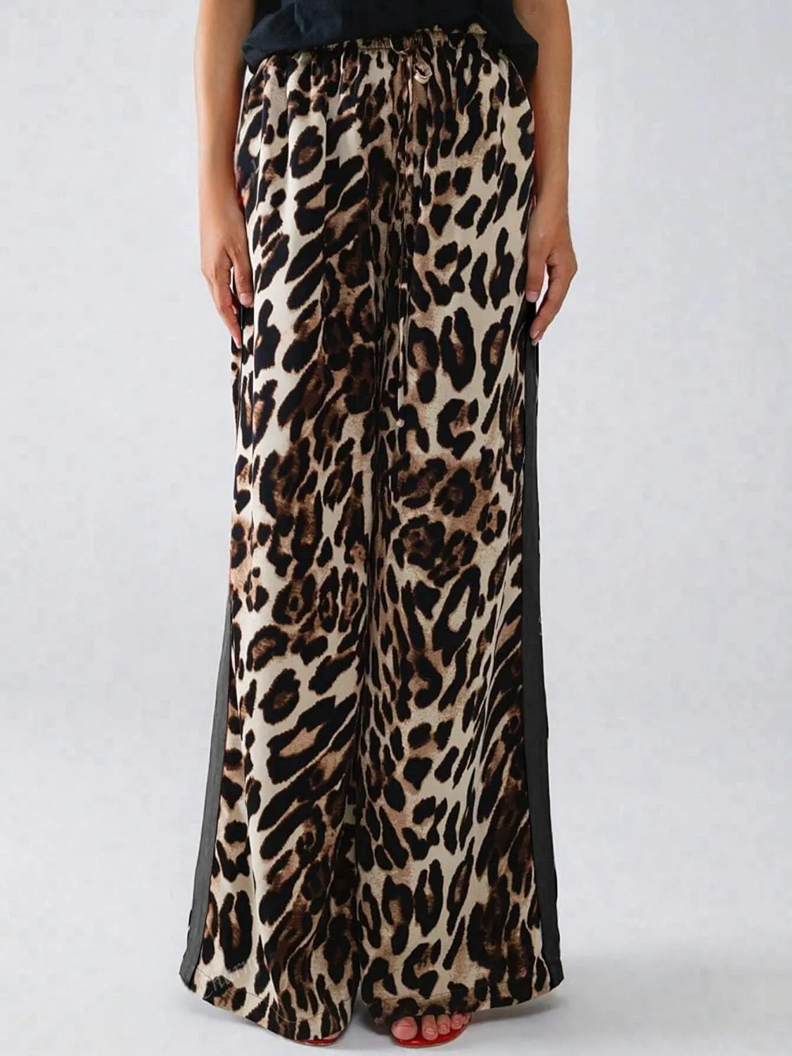 Women's Casual Pants Drawstring Leopard Print Color Block Side Striped Straight Leg Wide Leg Loose Pants