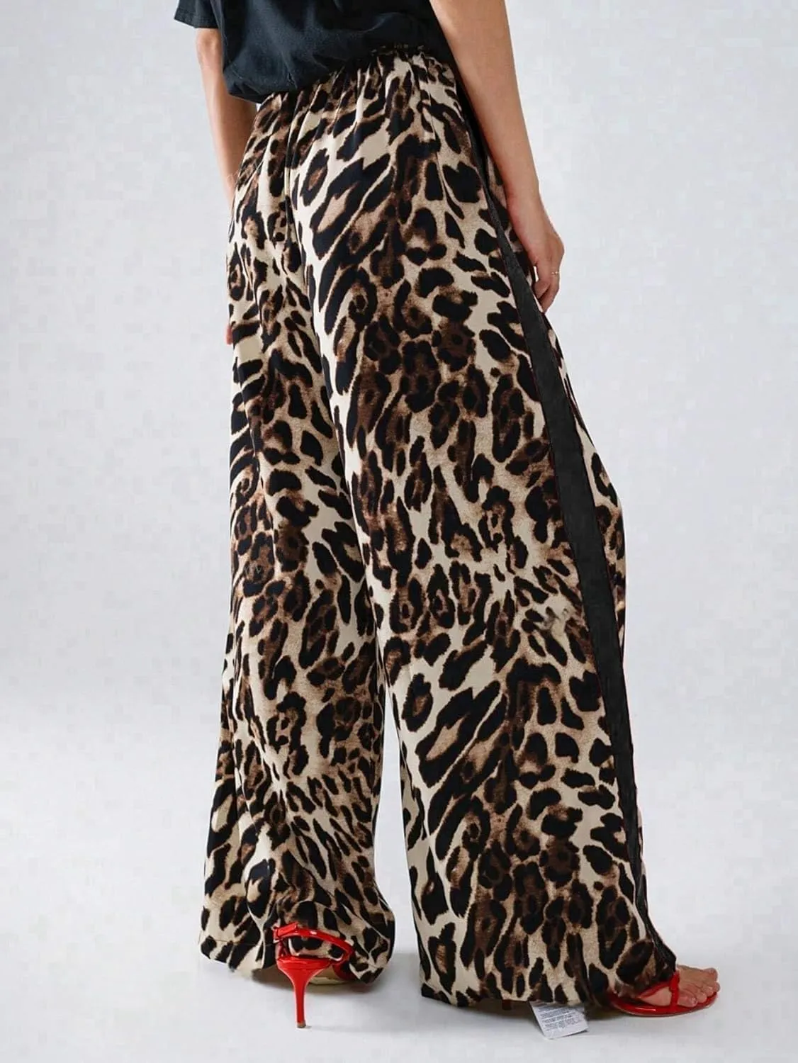 Women's Casual Pants Drawstring Leopard Print Color Block Side Striped Straight Leg Wide Leg Loose Pants