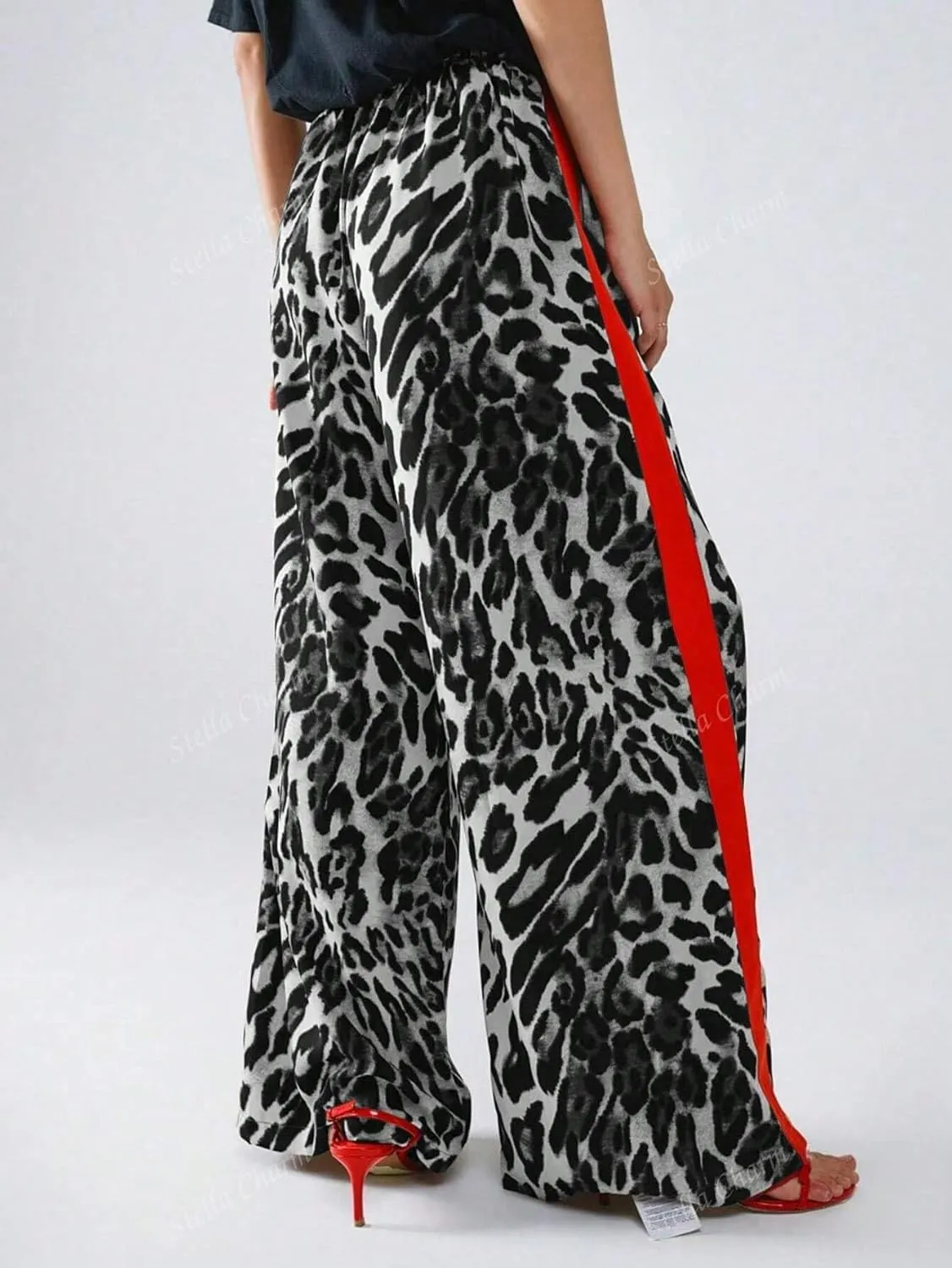 Women's Casual Pants Drawstring Leopard Print Color Block Side Striped Straight Leg Wide Leg Loose Pants