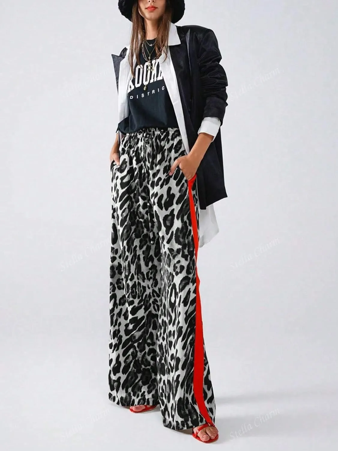 Women's Casual Pants Drawstring Leopard Print Color Block Side Striped Straight Leg Wide Leg Loose Pants