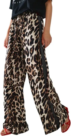 Women's Casual Pants Drawstring Leopard Print Color Block Side Striped Straight Leg Wide Leg Loose Pants