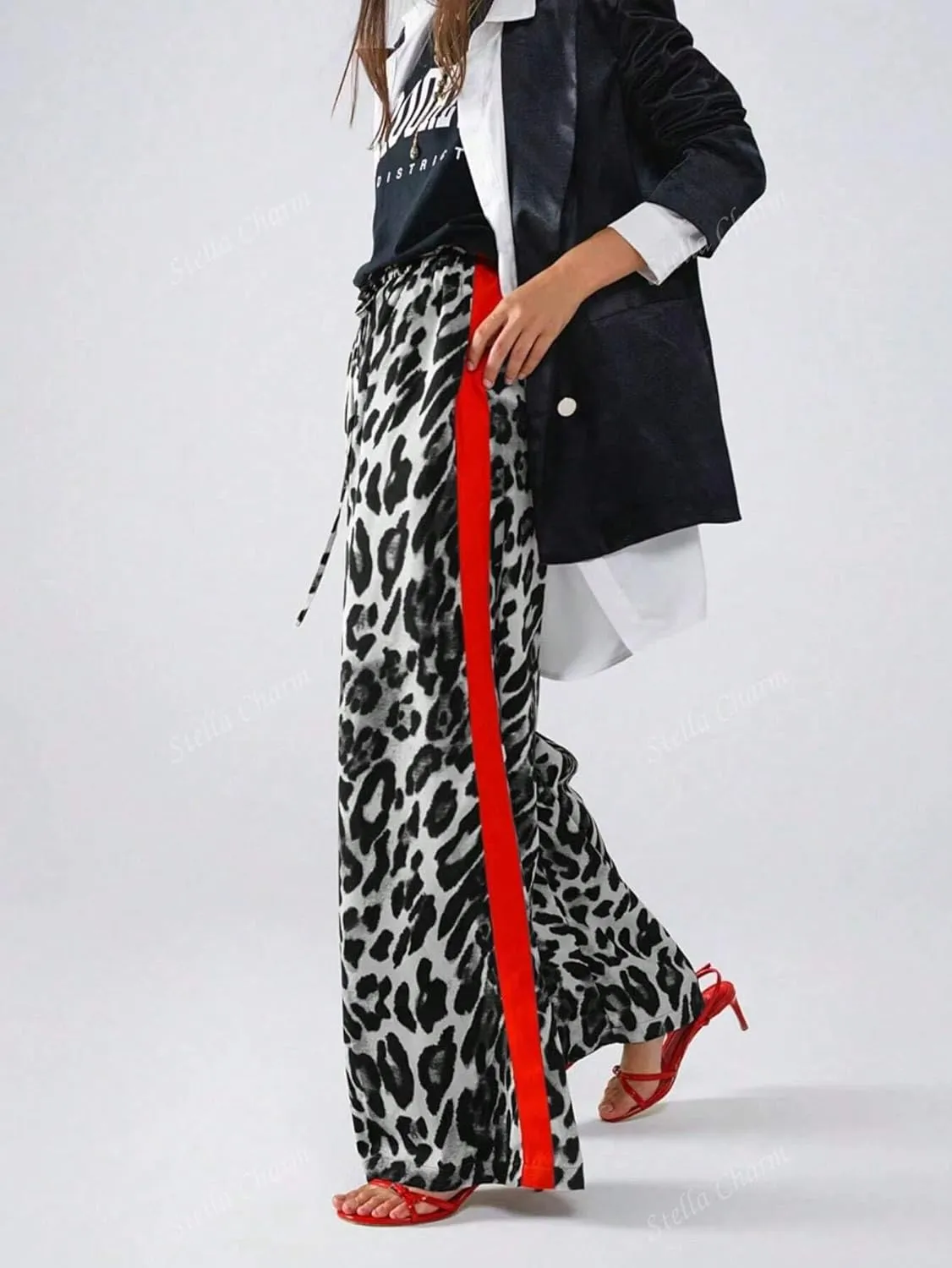 Women's Casual Pants Drawstring Leopard Print Color Block Side Striped Straight Leg Wide Leg Loose Pants