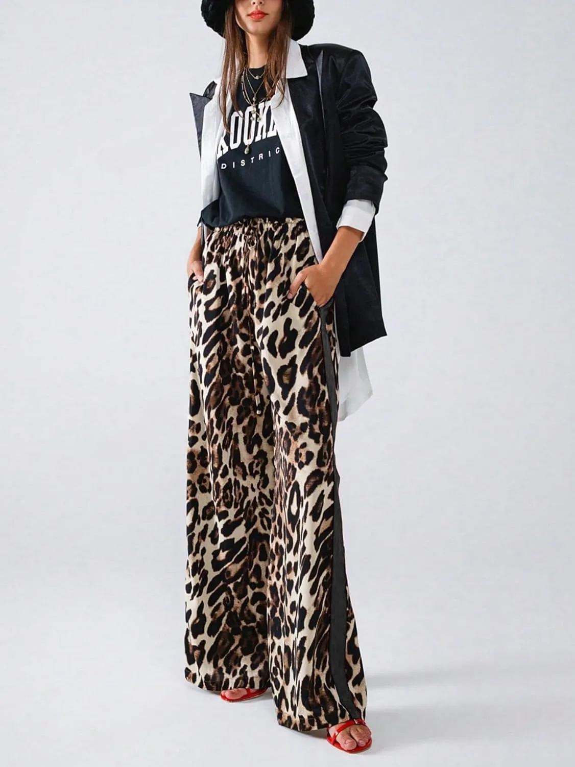 Women's Casual Pants Drawstring Leopard Print Color Block Side Striped Straight Leg Wide Leg Loose Pants