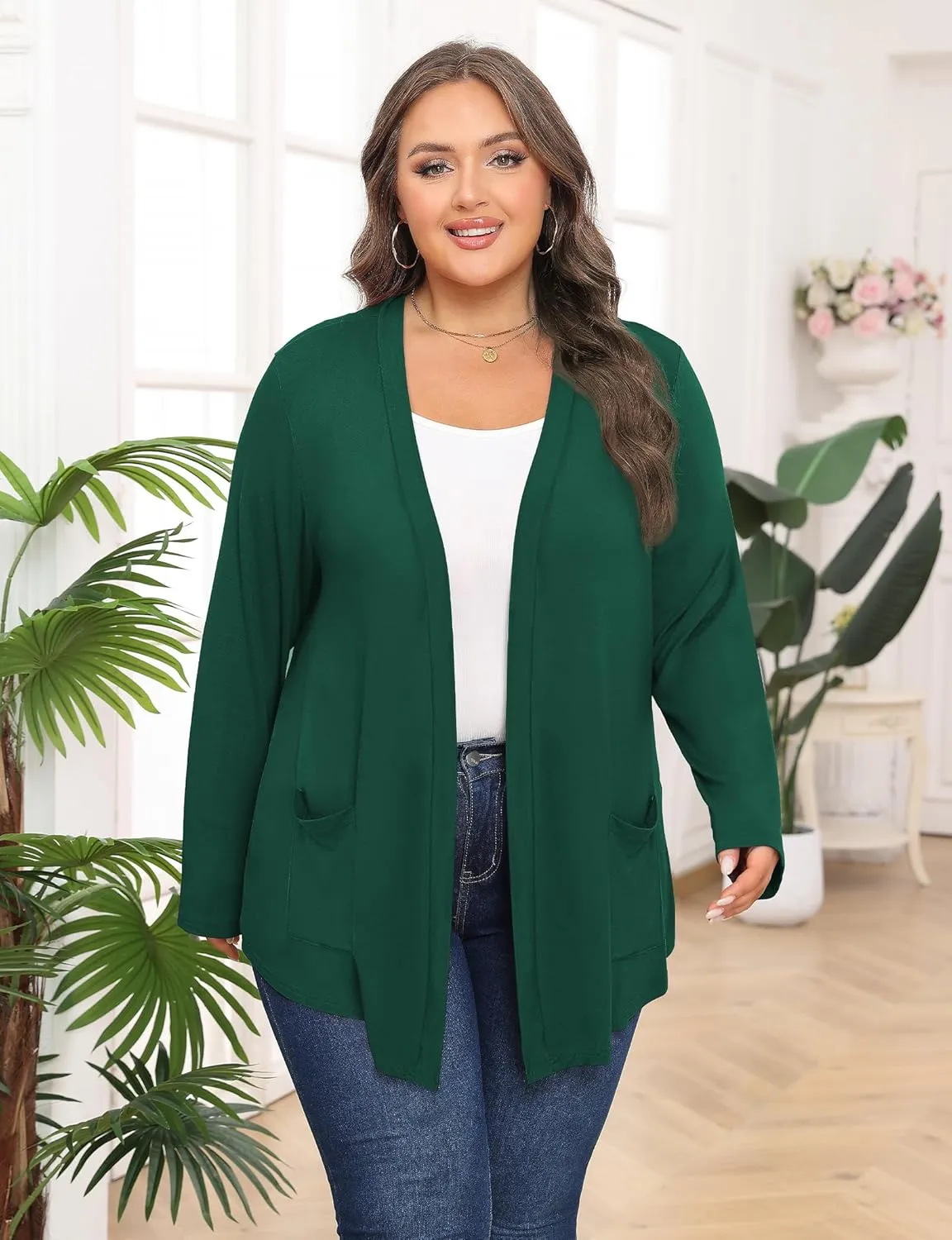 Women's Plus Size Lightweight Long Sleeve Casual Soft Open Front Cardigan Cover ups with Pockets