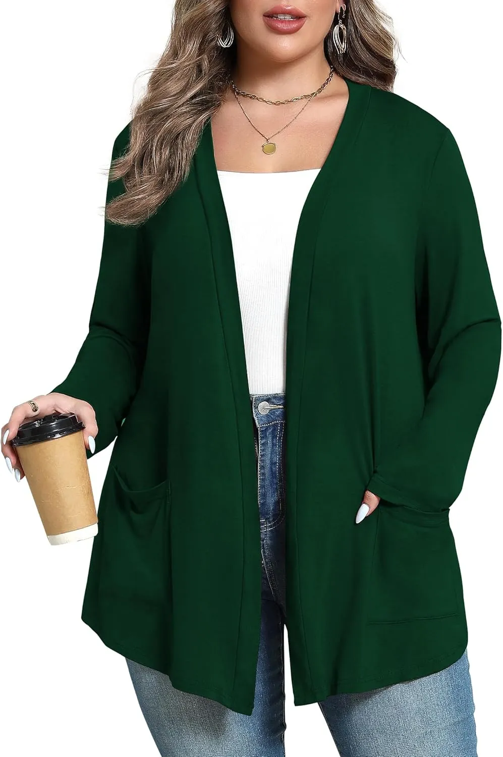Women's Plus Size Lightweight Long Sleeve Casual Soft Open Front Cardigan Cover ups with Pockets